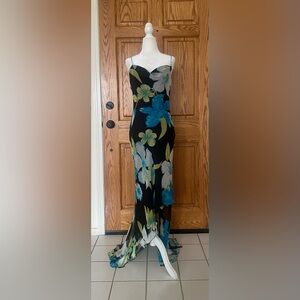 Vtg 90s Y2K Cache Bias Cut Silk Floral Evening Dress Asymmetrical XS S Fairy